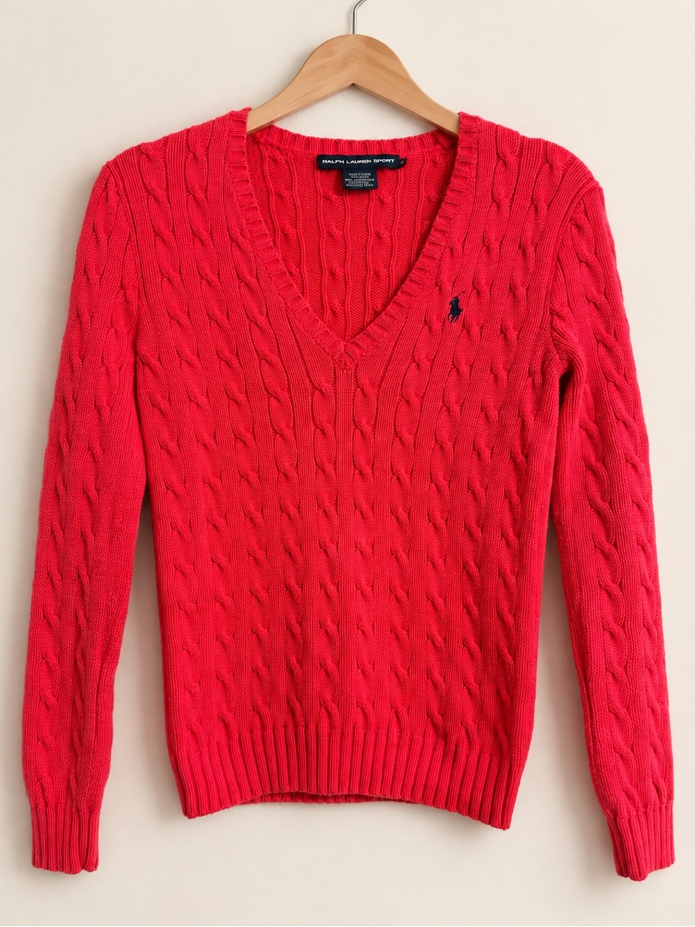 Ralph Lauren Women’s Bright Pink Cable Knit V-Neck Sweater
